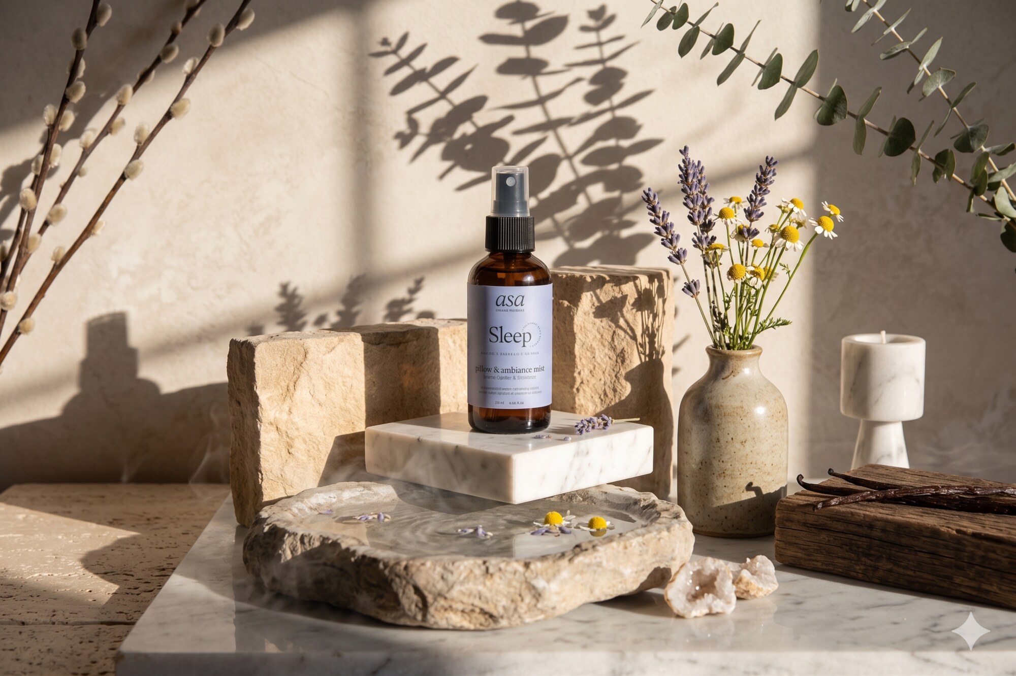 ASA Sleep aromatherapy gift set with lavender and chamomile, styled on marble with flowers